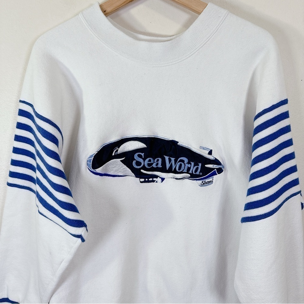 Jostens White Blue Striped Sea World Crew Neck Sweatshirt - Picture 5 of 16